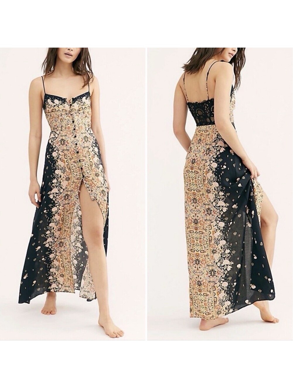Free People boho Maxi Dress M Morning Song Black Print button front Fairy